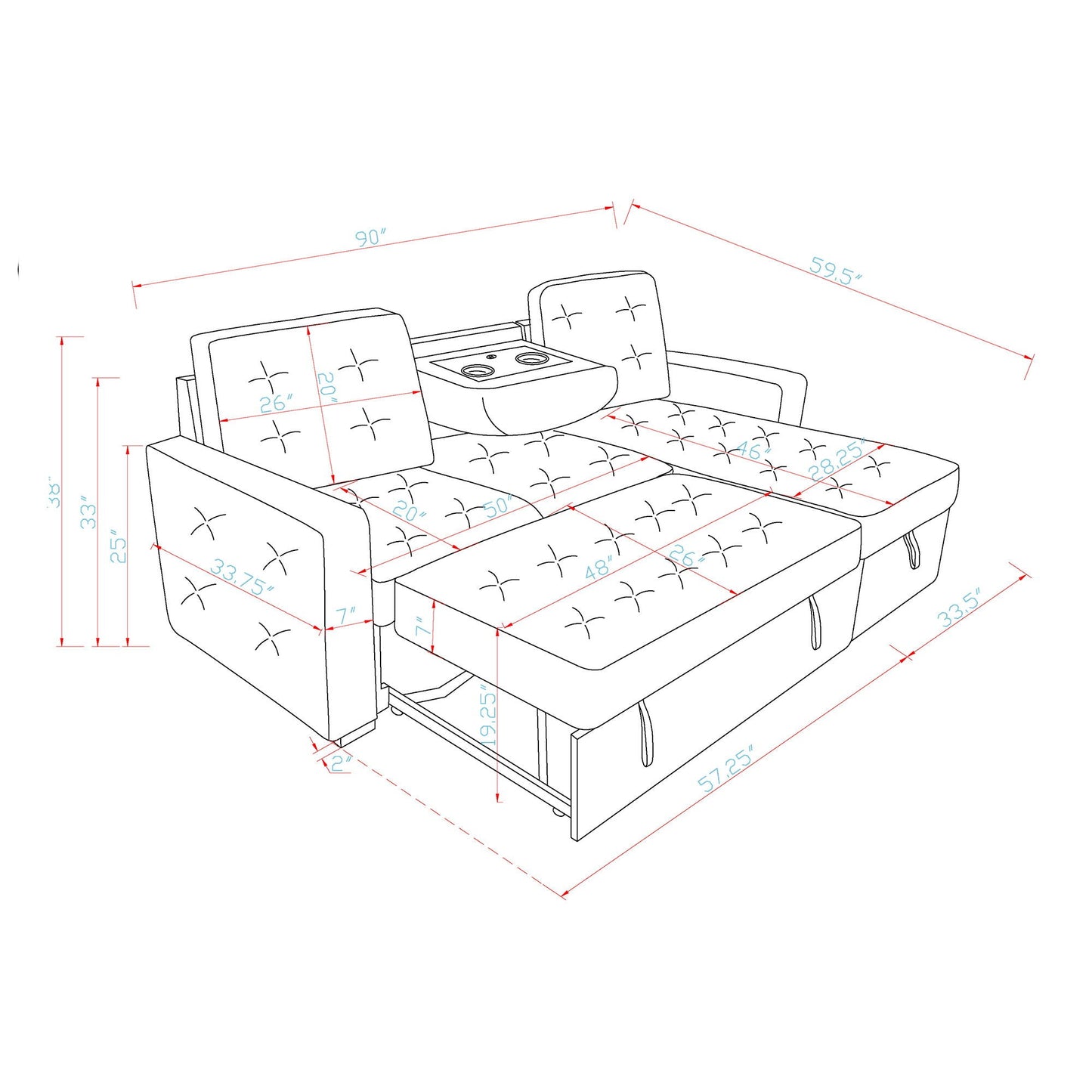 Gustavo - Sofa, Pull Out Bed, Storage Chaise, USB And Cup Holders - Beige