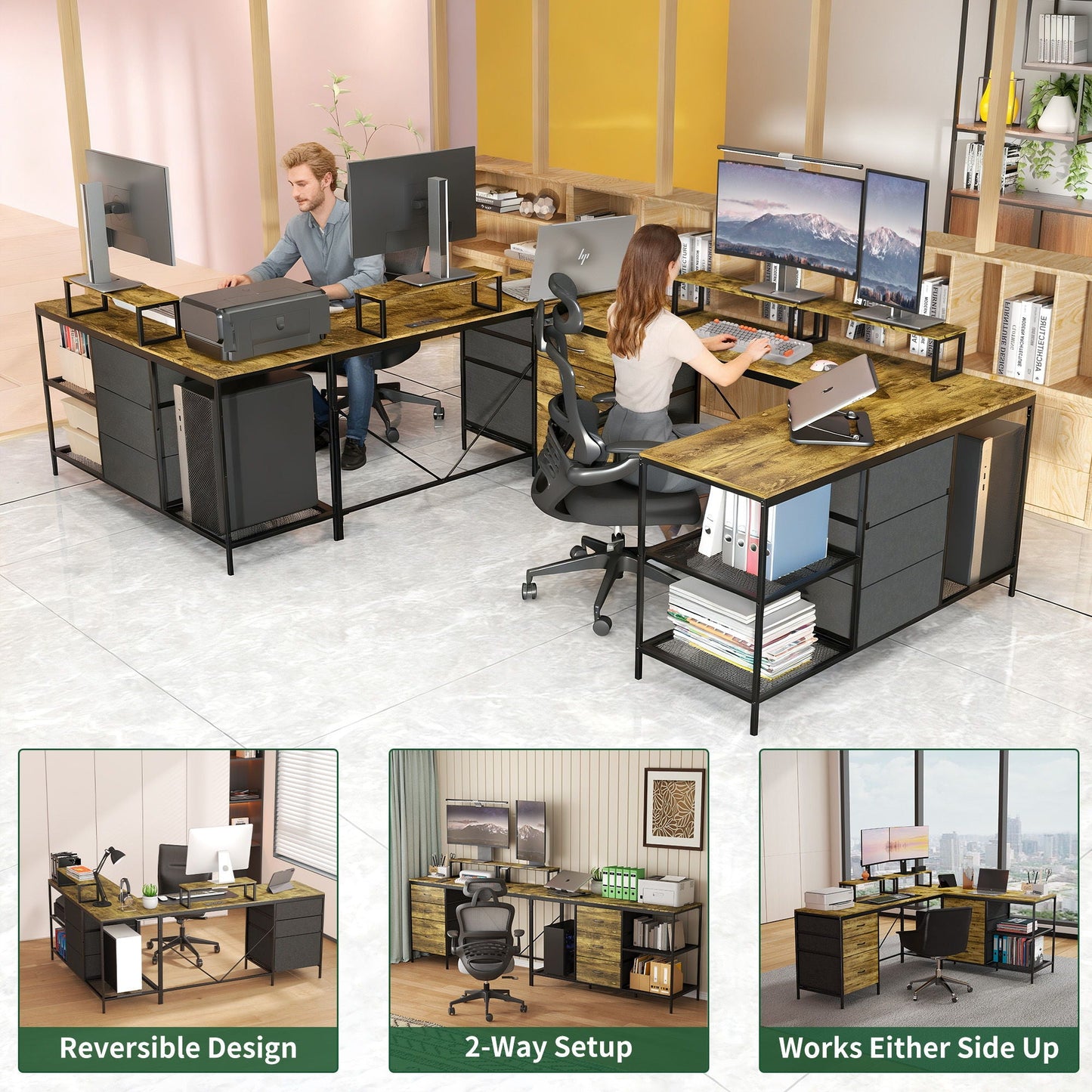 Industrial L Shaped Computer Desk With Power Outlets & USB-C, 6 Fabric Drawers, 3 Open Shelves, Movable Monitor Stands - Brown