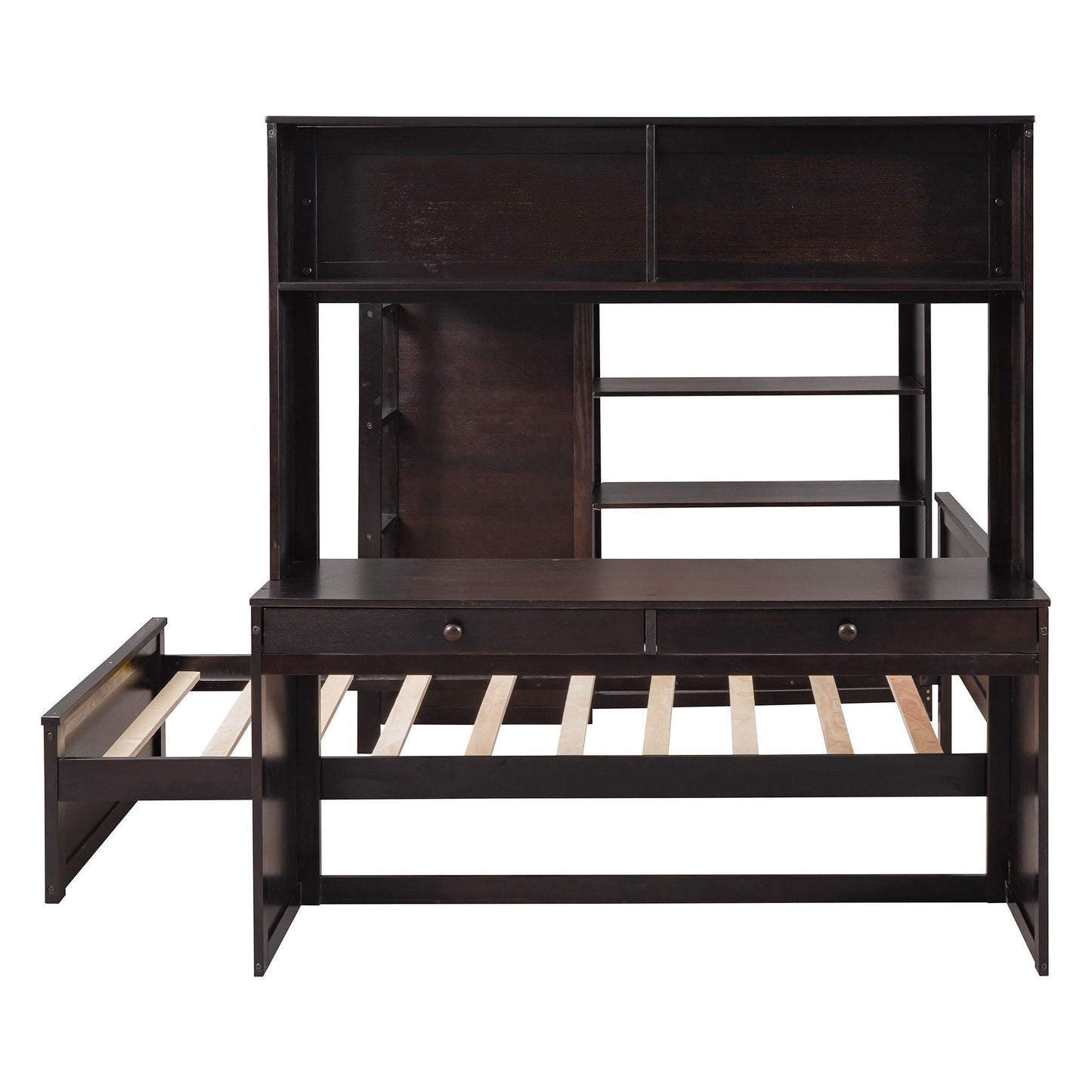 Loft Bed With A Twin Size Standalone Bed, Shelves, Desk, And Wardrobe