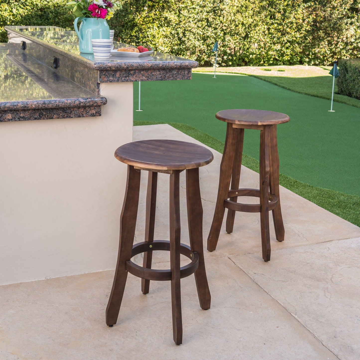 Primrose Outdoor Acacia Wood Barstools With Foot Rest (Set of 2) - Dark Brown