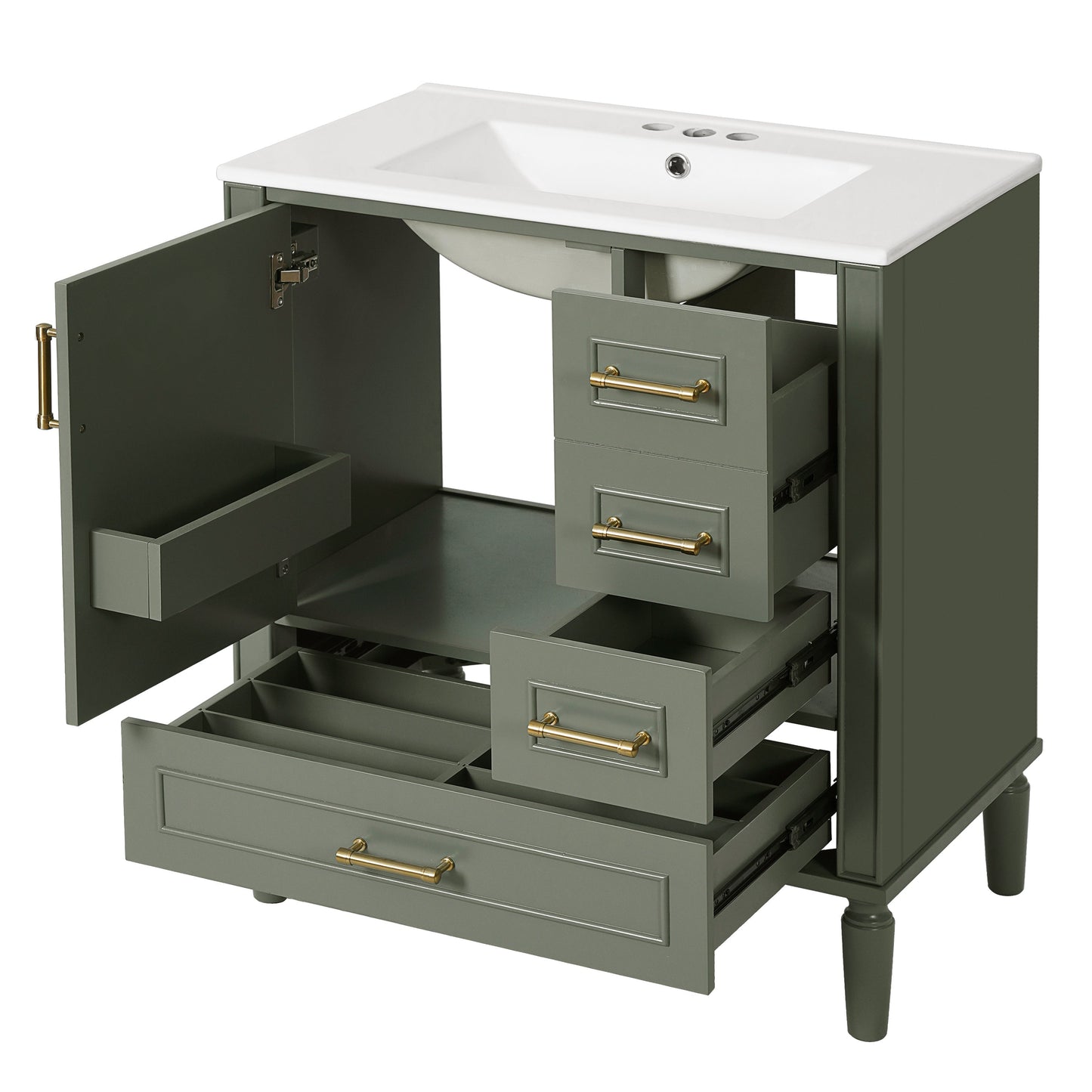 Elegant Olive Green 30' Bathroom Vanity with Ceramic Sink and Ample Storage, Solid Wood and MDF Construction