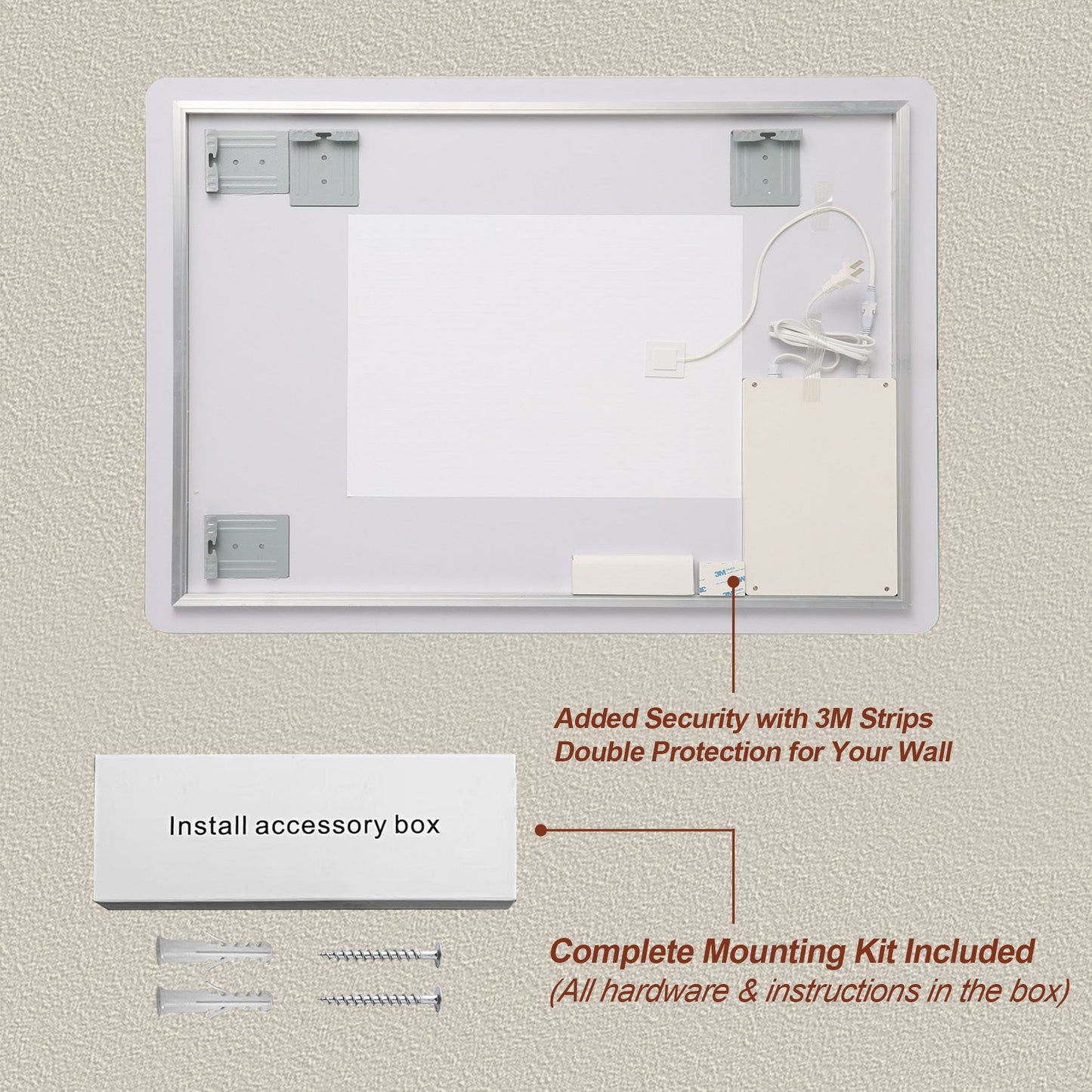 Wall Mounted LED Lighting Mirror With 3 Color Lighting, Dimming, Waterproof, Anti Fog, Touch Switch - Silver