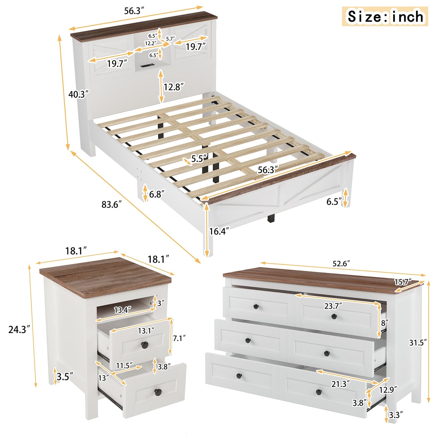 3-Piece Full Size Farmhouse Platform Bed Set with Storage