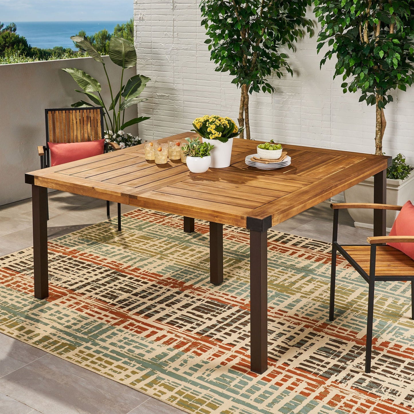 Lankershim Modern Industrial Dining Table With Acacia Wood Slat Design - Teak