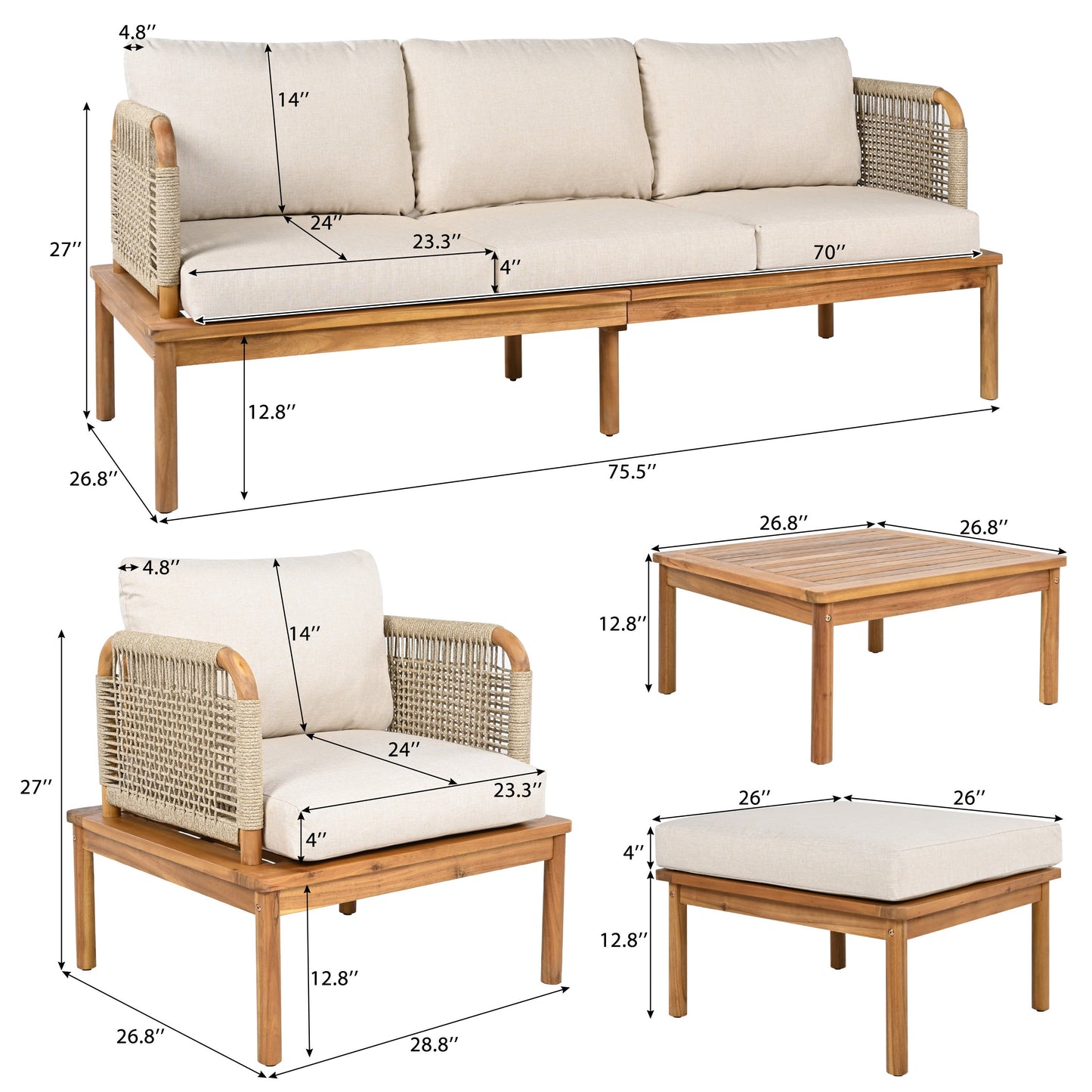 Outdoor 4-piece Acacia Wood and Rope Patio Sofa Set