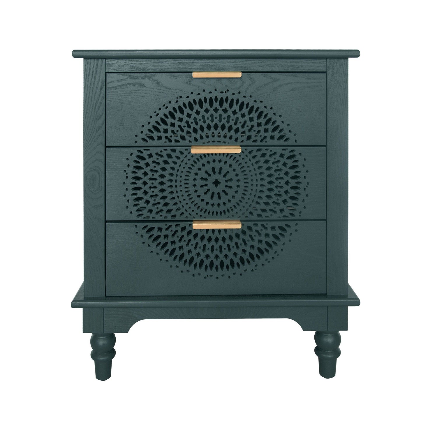 Hollow Carved 3 Drawer Dresser With Metal Handles, Storage Chest For Living Room Or Bedroom - Blackish Green