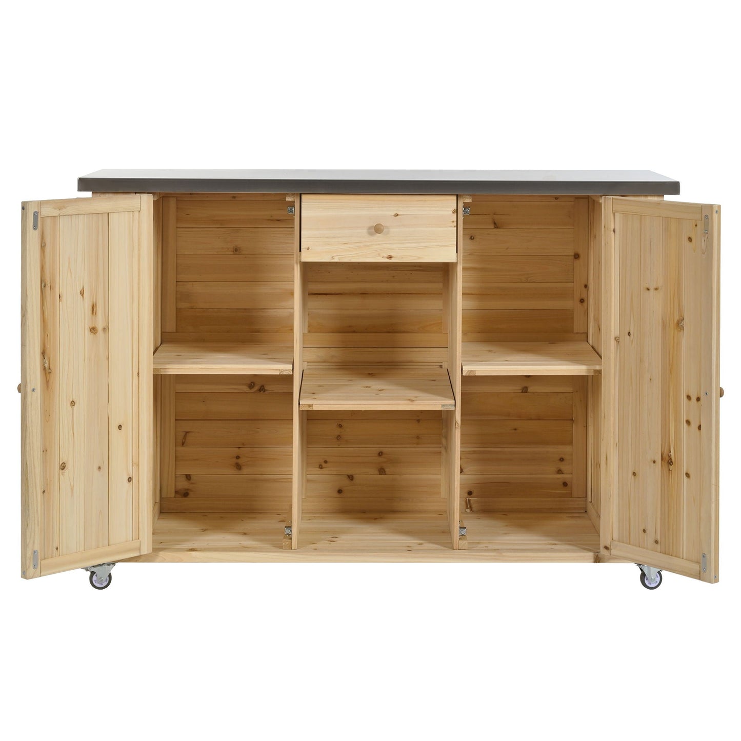Outdoor Kitchen Island With Stainless Steel Top, Ample Storage Space, Towel And Spice Racks And A Bottle Opener
