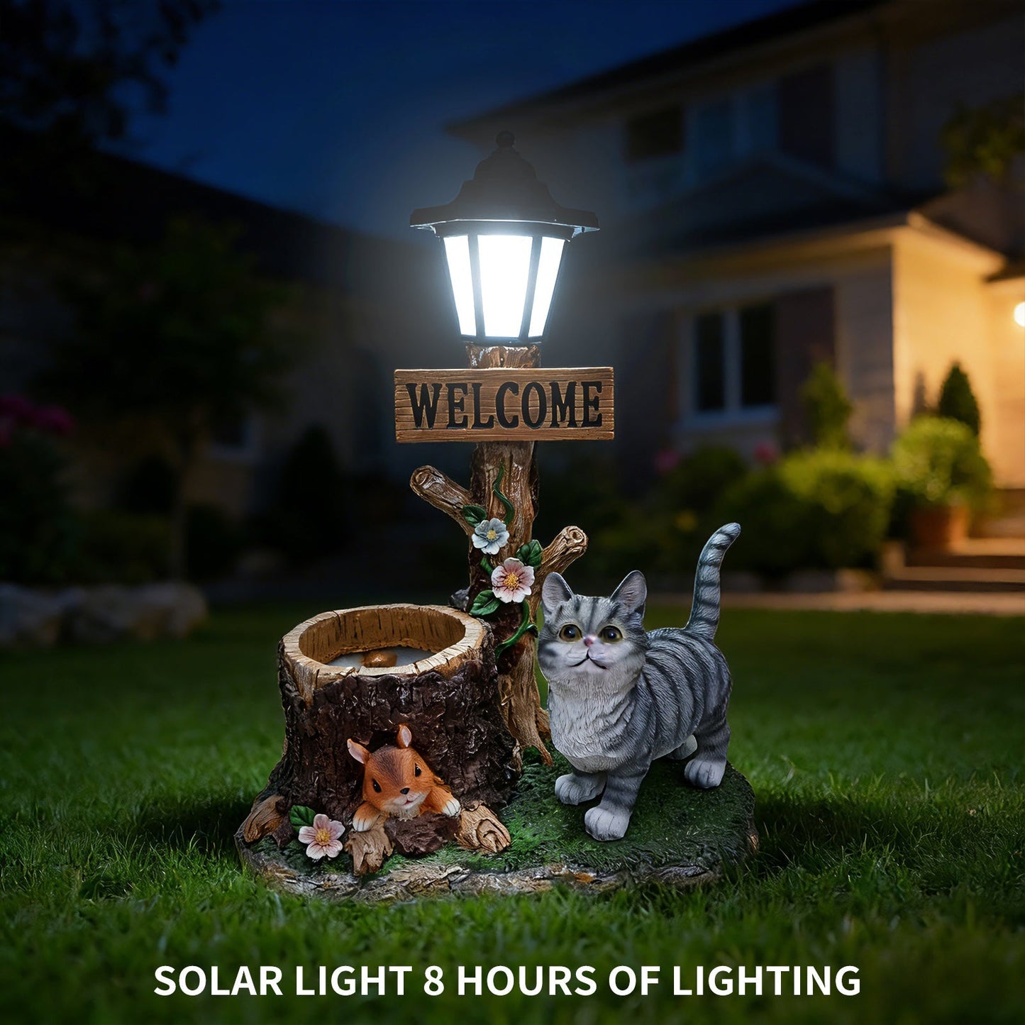 Cat Solar Planter Statue for Outdoor Decor