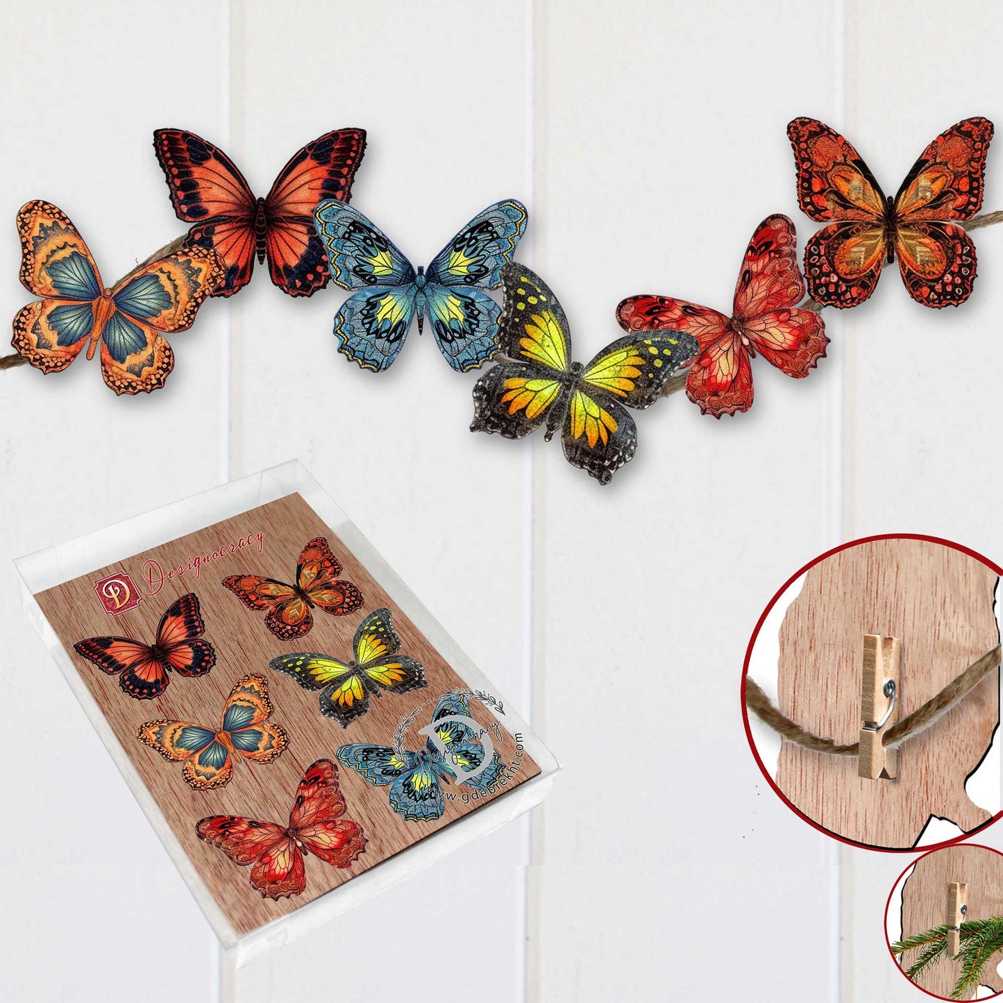 Summer Butterfly Clip-On Eco Wood Decorative Ornaments Set of 6 by G. Debrekht - Christmas Decor - 8090012-1C-S6