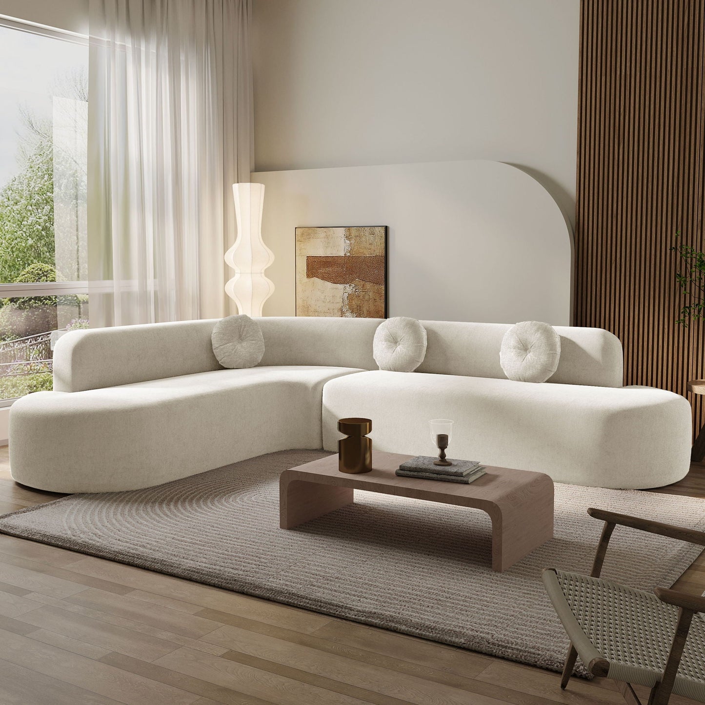 Extra Large Sectional Sofa Soft Fabric Upholstery, Elegant Curved Design With 3 Round Cushions, High-Resilience Foam