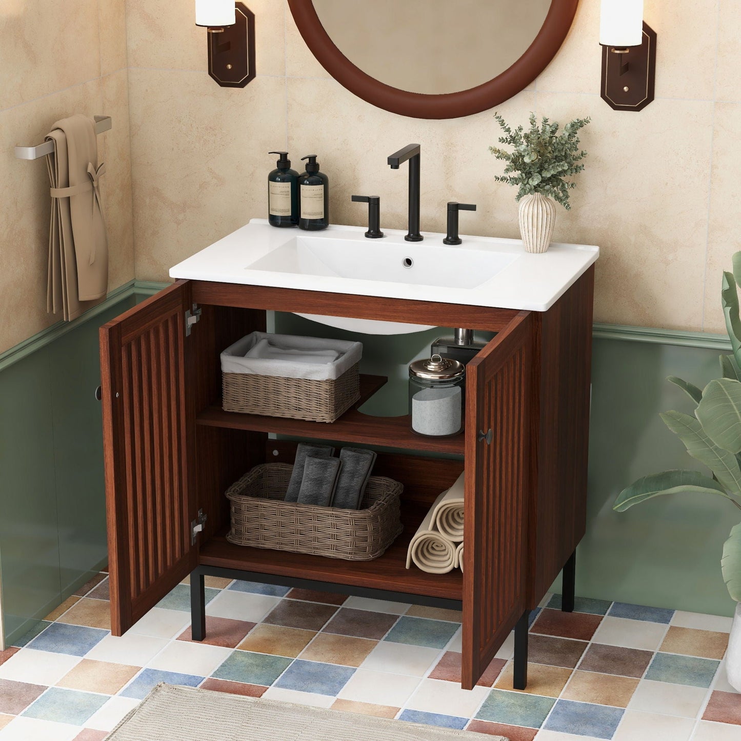 30" Vintage Bathroom Vanity With Ceramic Sink