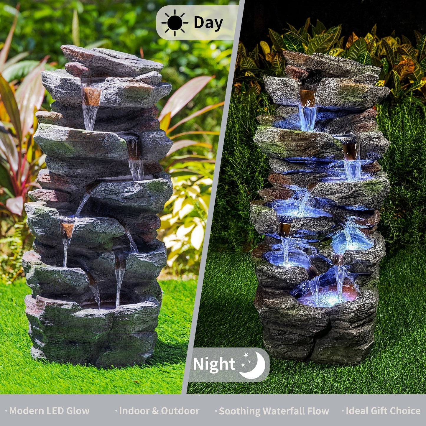 Rock Waterfall Outdoor Fountain with LED Lights