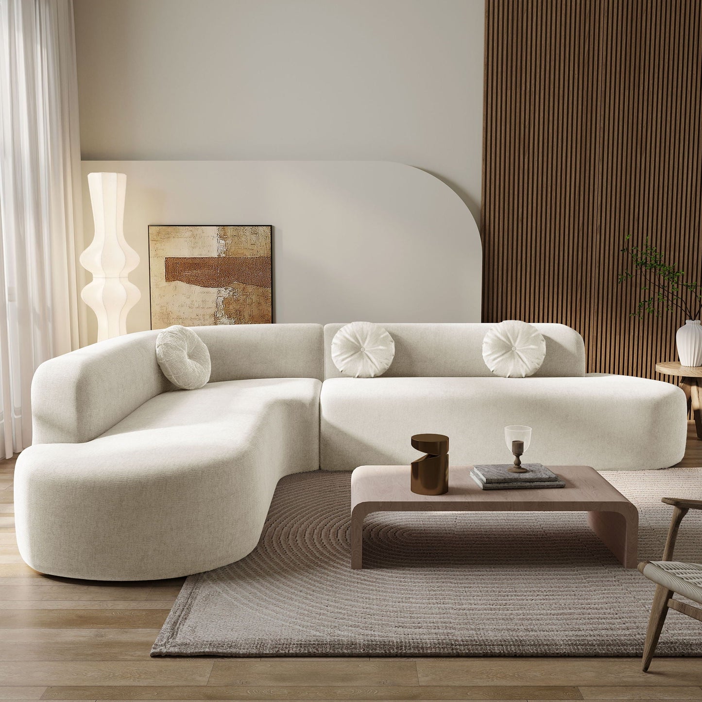 Extra Large Sectional Sofa Soft Fabric Upholstery, Elegant Curved Design With 3 Round Cushions, High-Resilience Foam