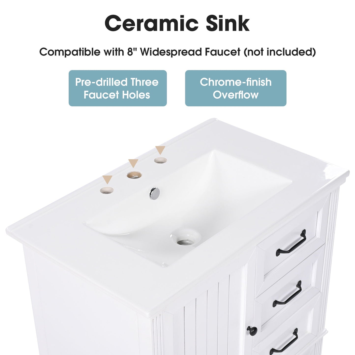 30" Bathroom Vanity With Sink, 3 Drawers, Adjustable Feet