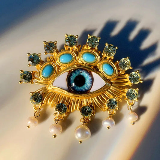 New Exaggerated Devil's Eye Brooch Baroque Pearl Tassel for Men Women Unisex Pin Jewelry European And American Vintage