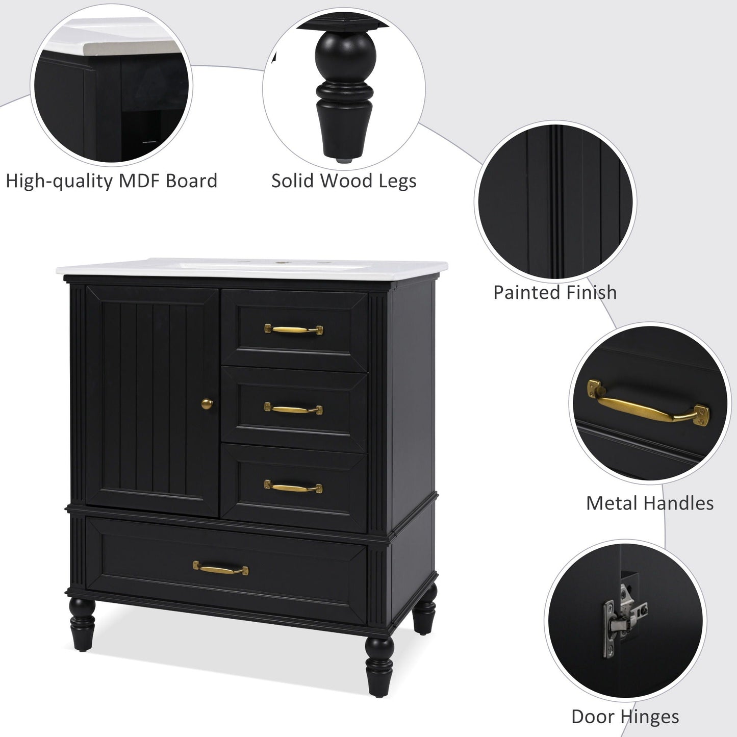 30" Bathroom Vanity With Sink, 3 Drawers, Adjustable Feet