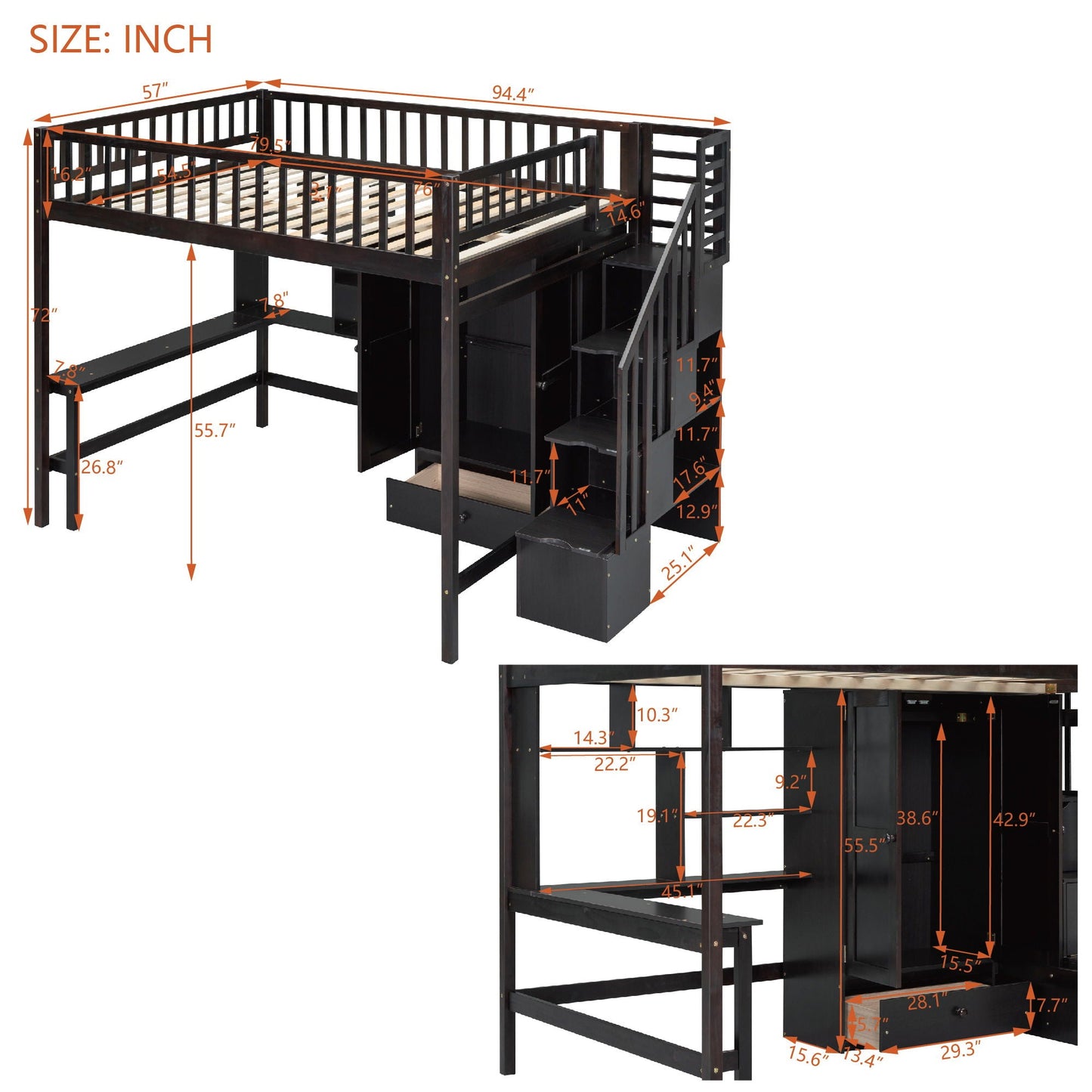 Loft Bed With Bookshelf, Drawers, Desk, And Wardrobe