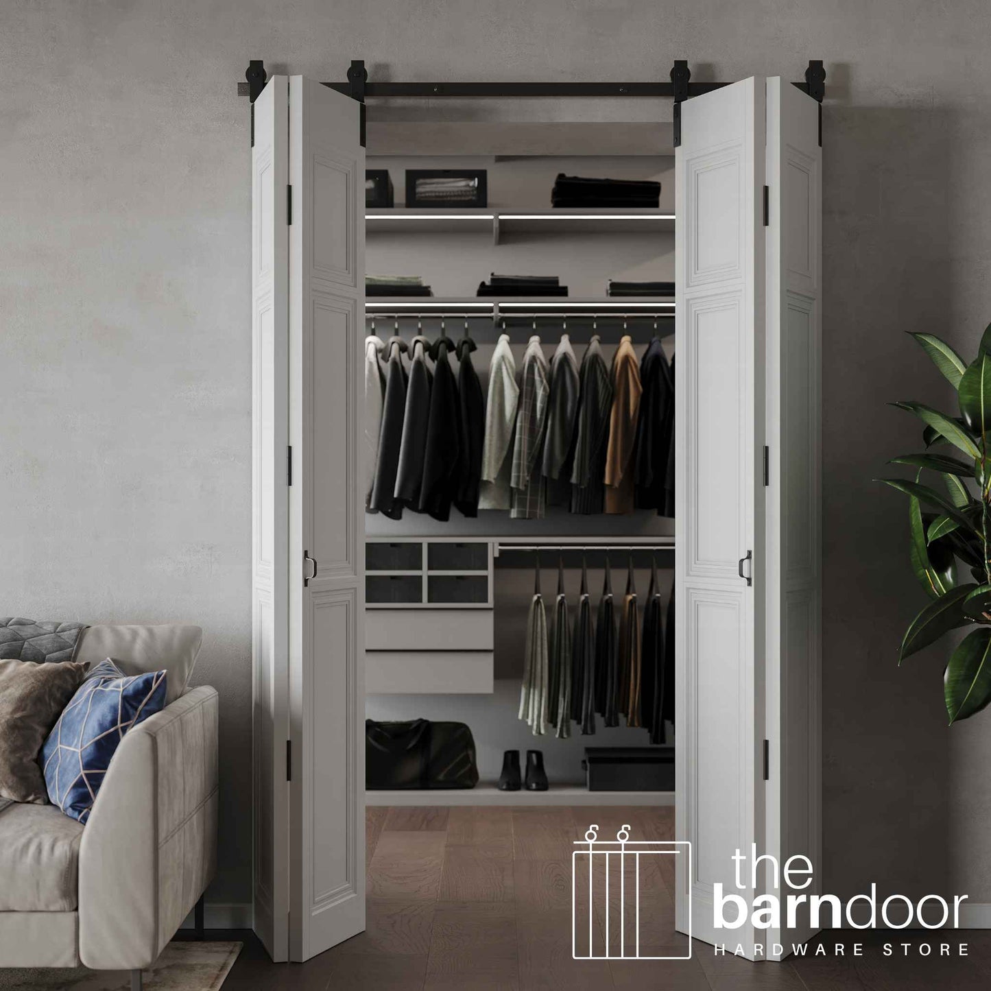 J Top Mount Heavy Duty Bifold Barn Door Hardware Kit | 4-Door Biparting