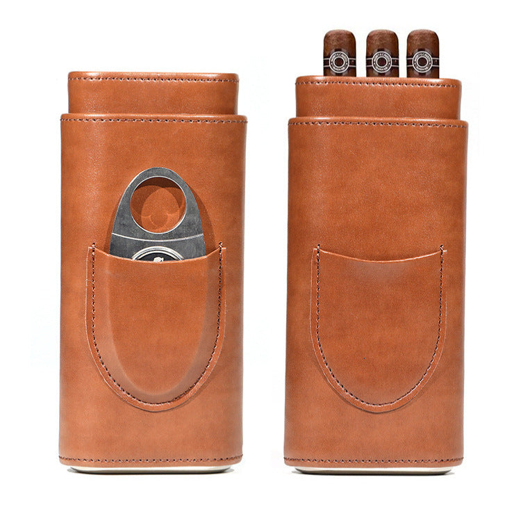 Two end hardware leather cigar box portable cedar wood 3-pack cigar moisturizing box protective cover cigar leather cover