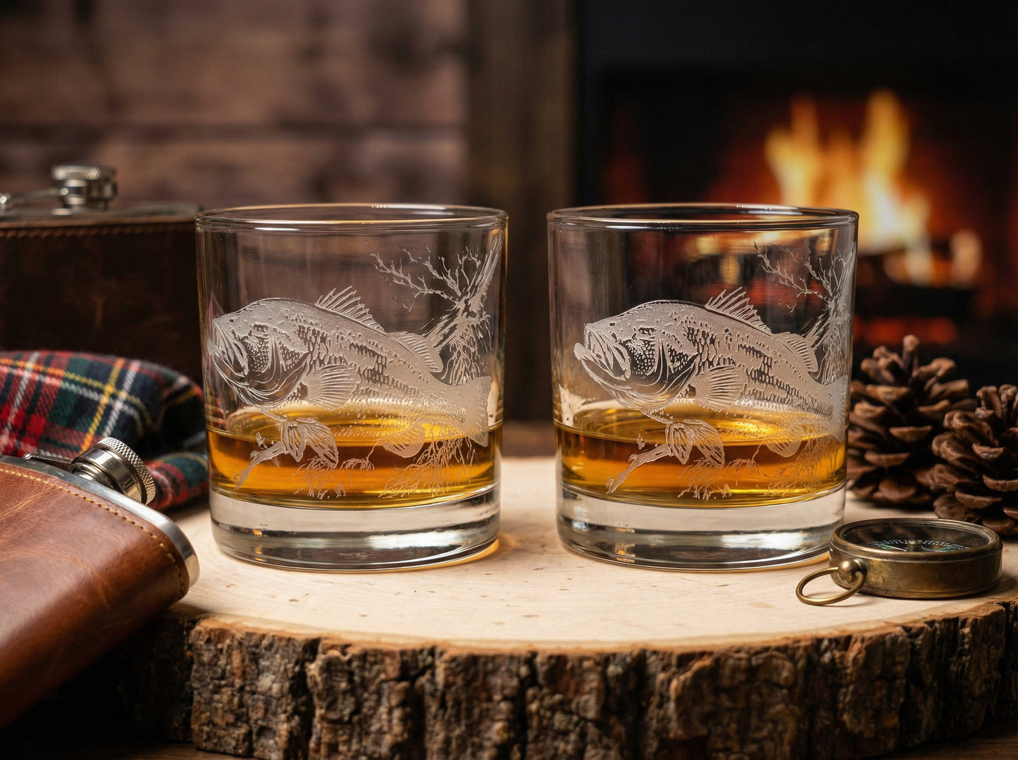 Bass Sand Carved Etched Old Fashion Glasses Set of 2