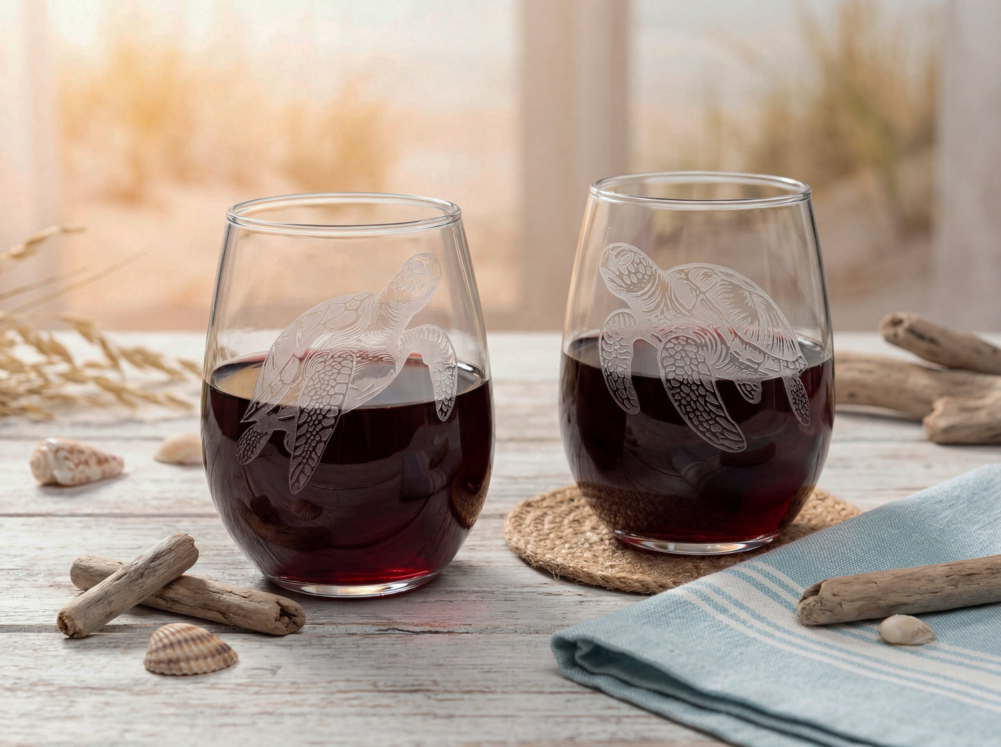 Sea Turtle Stemless Wine  Sand Carved Wine Glasses Set of 2