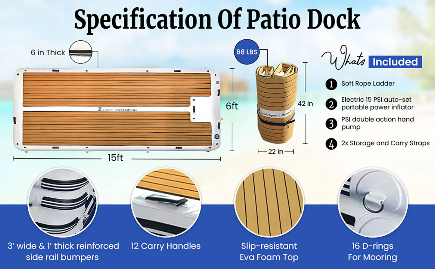 Island Hopper Elite Class Patio Dock 15′ Floating Platform