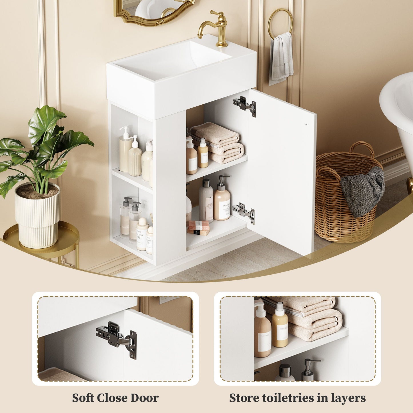 Floating Bathroom Vanity With Resin Basin, Left Side Storage - White