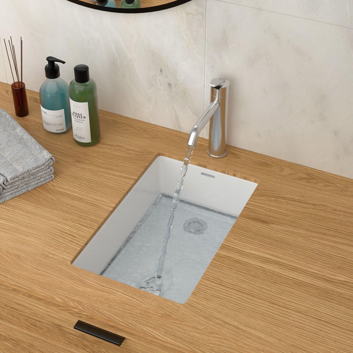 Vertical Undermount Bathroom Sink With Overflow - White