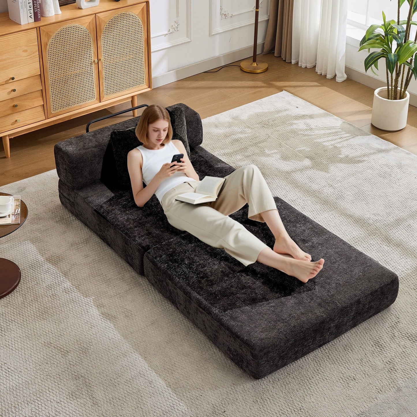 Convertible Floor Sofa Bed With Fixed Shape Frame For Living Room