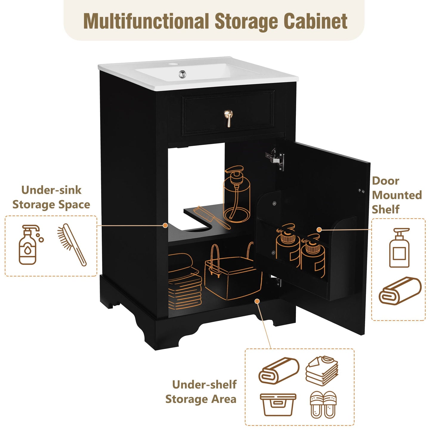 Elegant Bathroom Vanity With Ceramic Sink, Soft Close Door, Adjustable Shelf