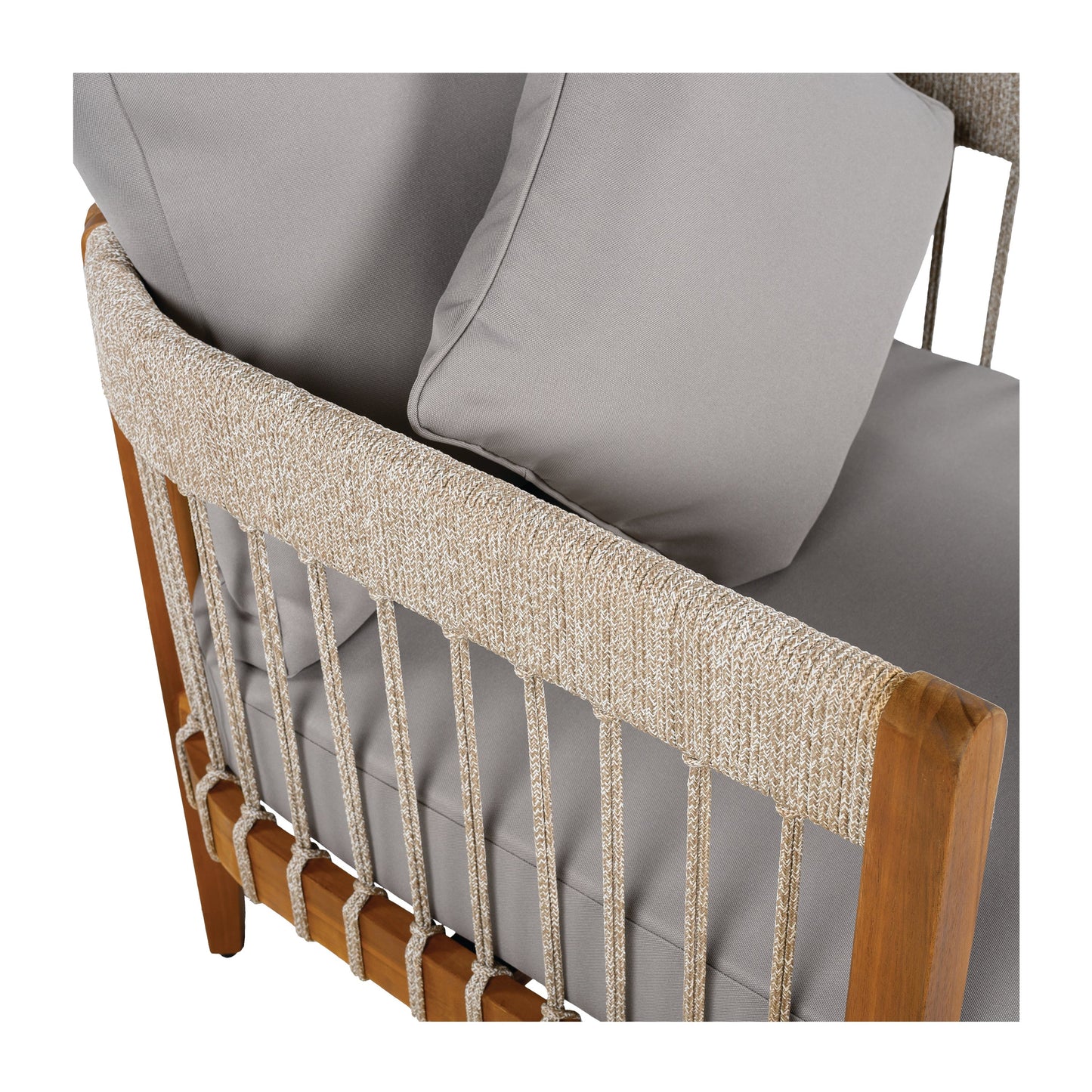 Acacia Wood Outdoor Club Chair with Handwoven Rope Accents & Curved Backrest