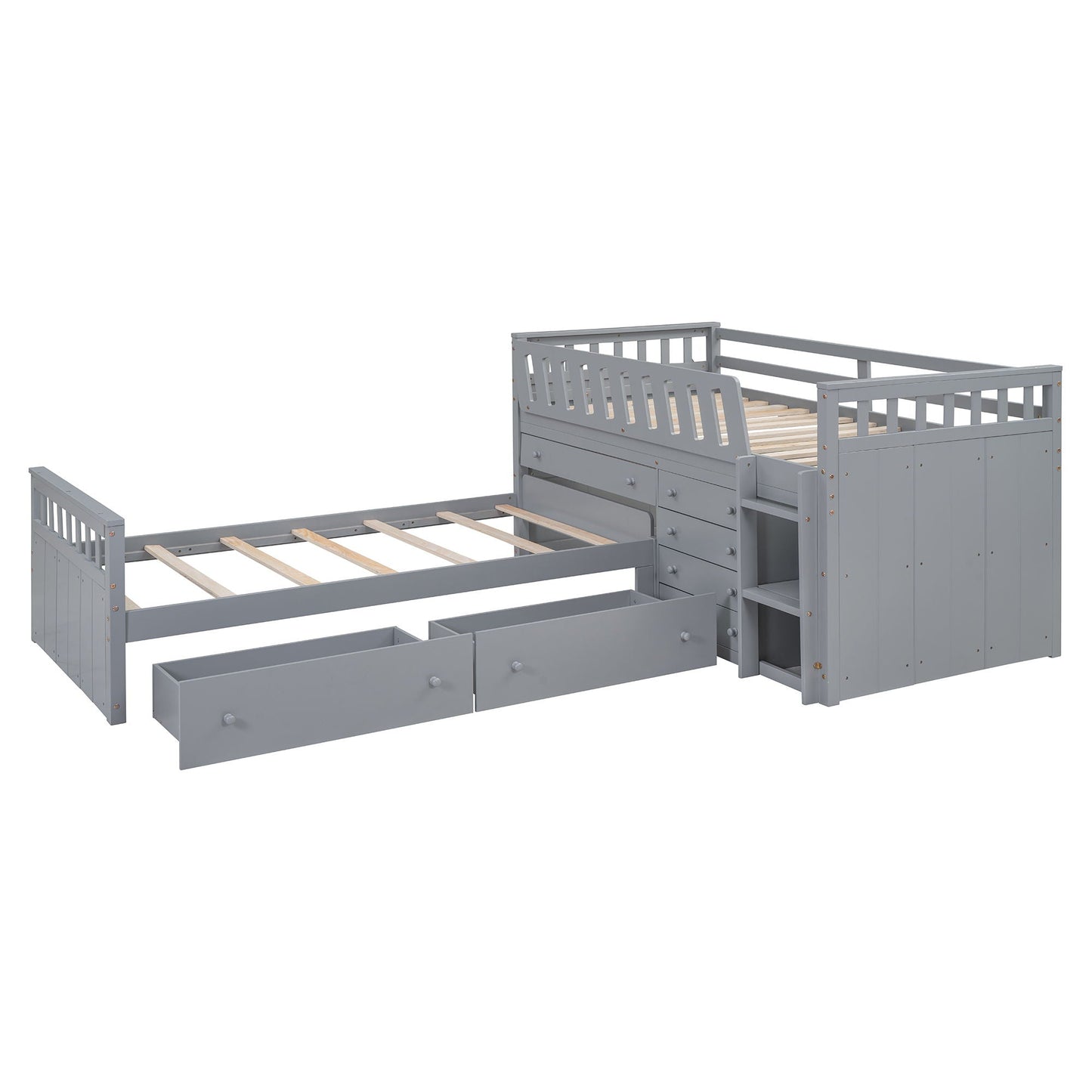 Loft Platform Bed With 7 Drawers And Full Guardrails, Modern L Shaped Space Savin
