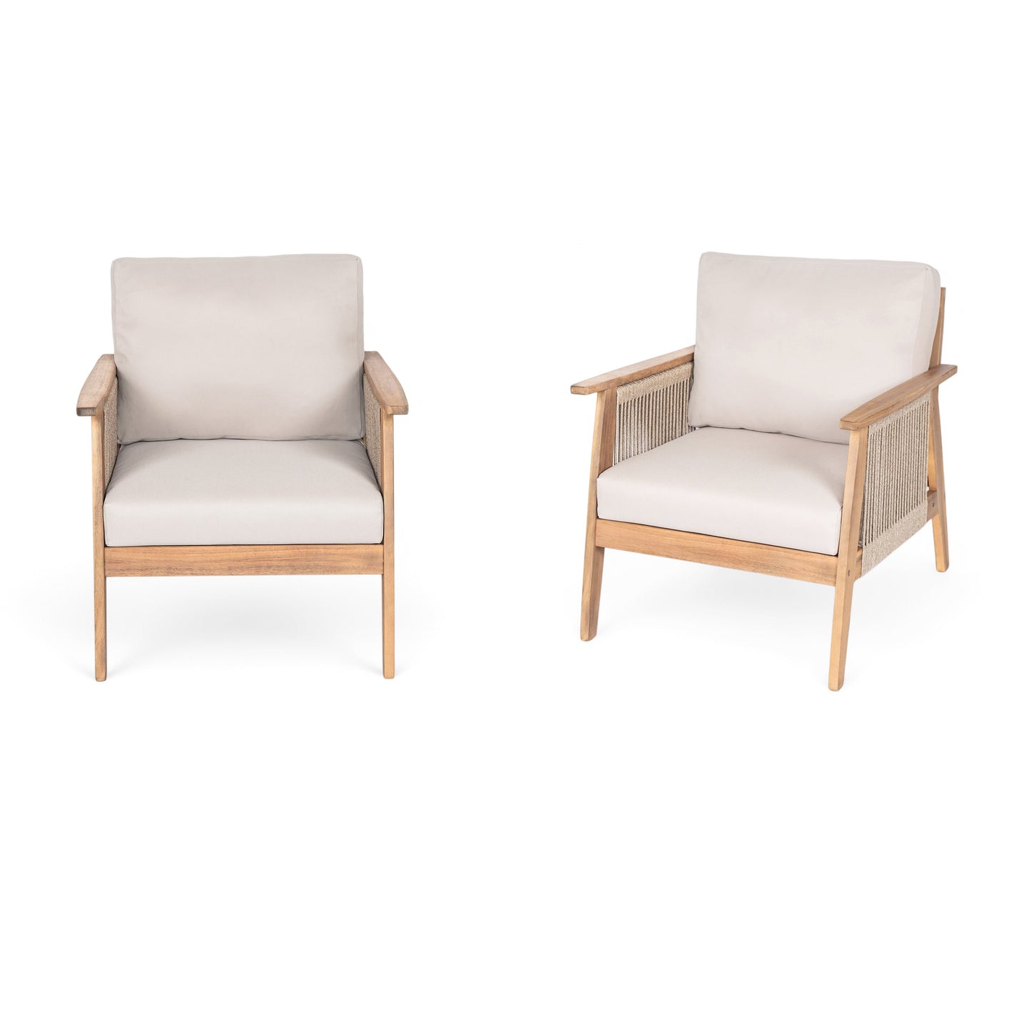 Outdoor Acacia Wood and Rope Patio Chair with Cushions (Set of 2)