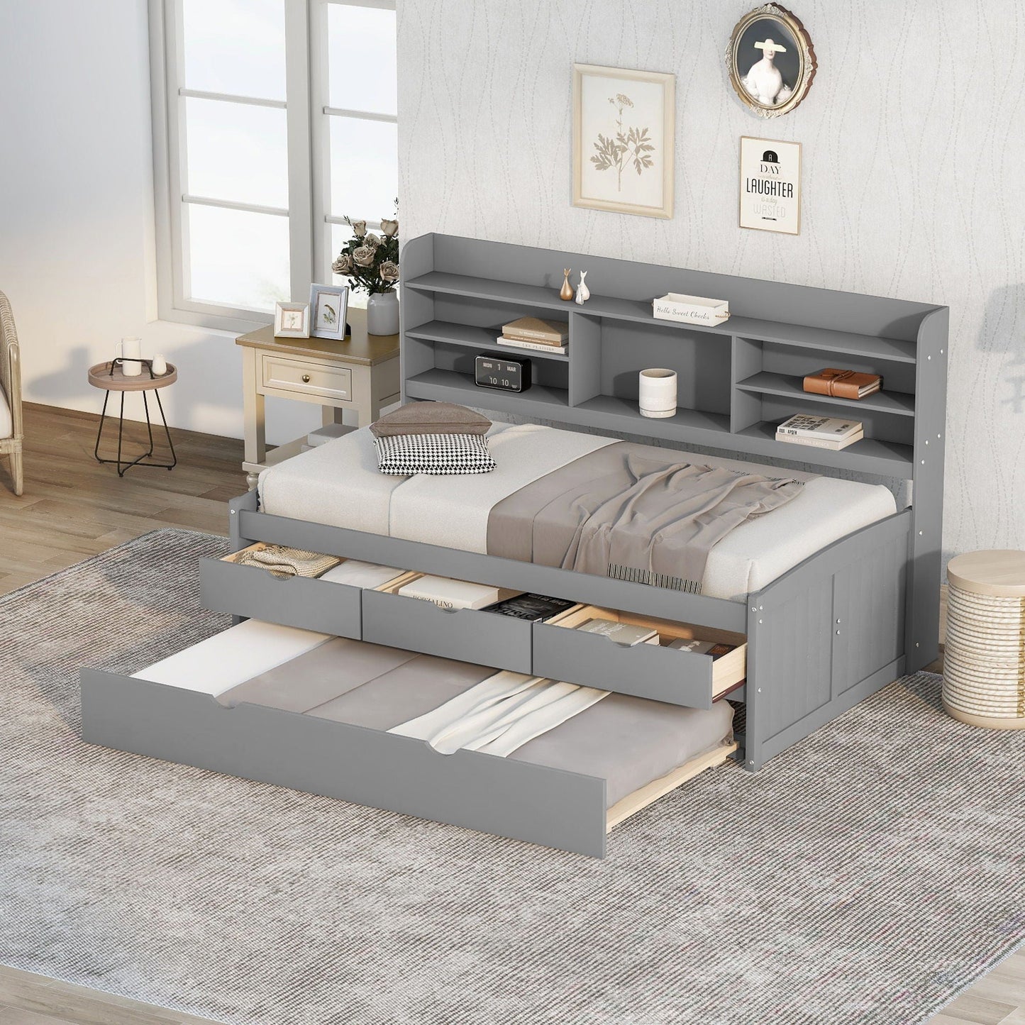 Captain Bed With Built In Bookshelves, 3 Storage Drawers, And Trundle