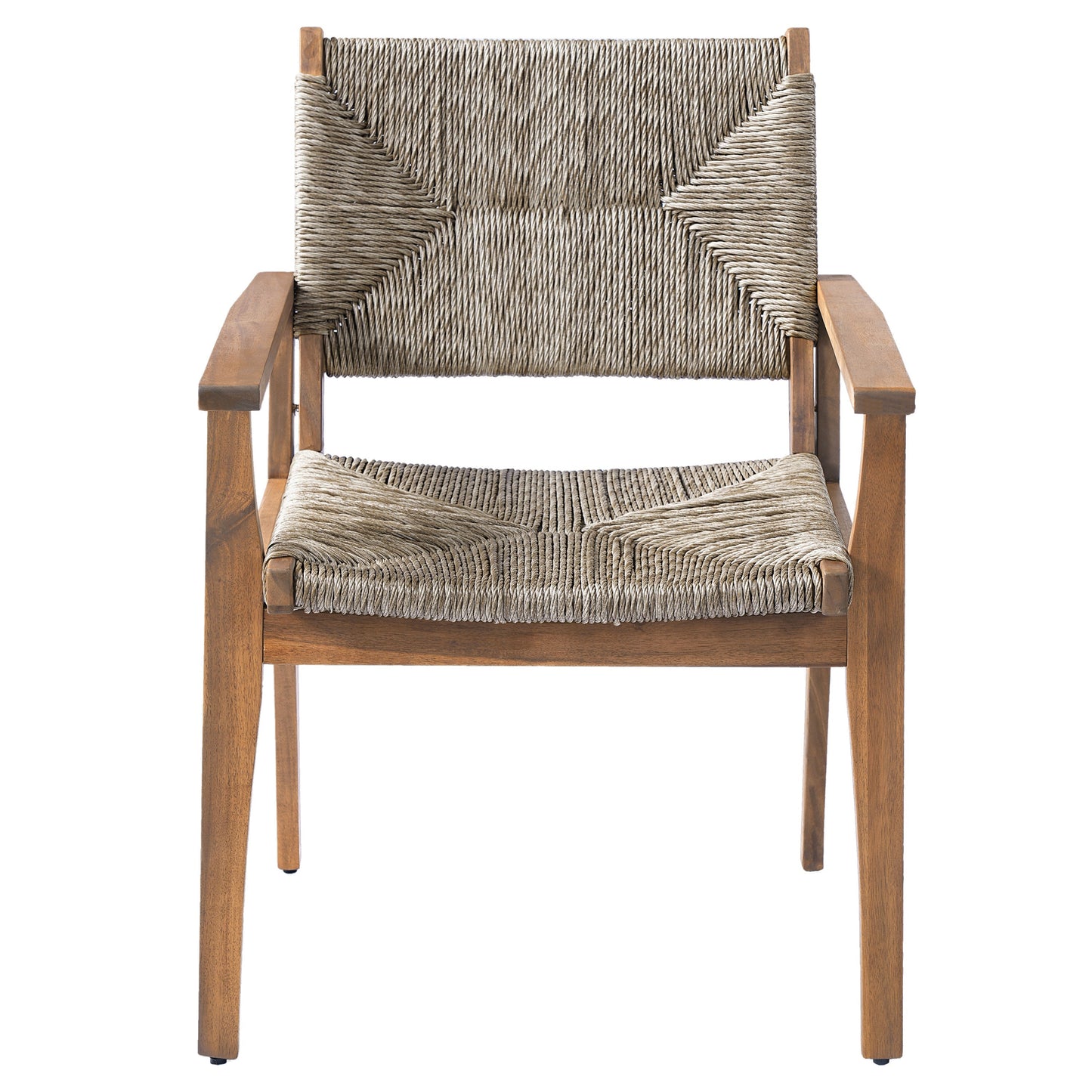 5-Piece Outdoor Dining Set: Brown Round Acacia Wood Table & 4 Brown Wicker Armchairs