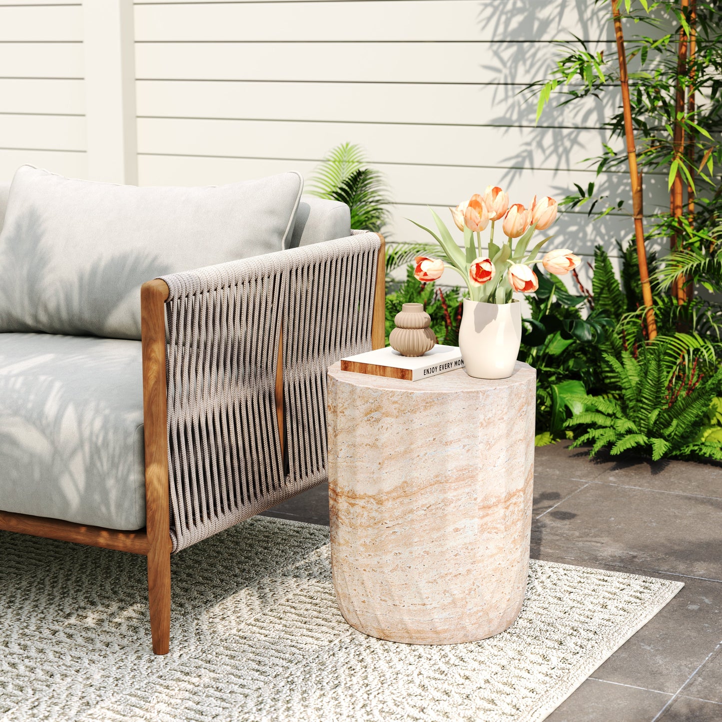 Elegant Indoor/Outdoor Lightweight Concrete Cylinder Side Table with Travertine Finish