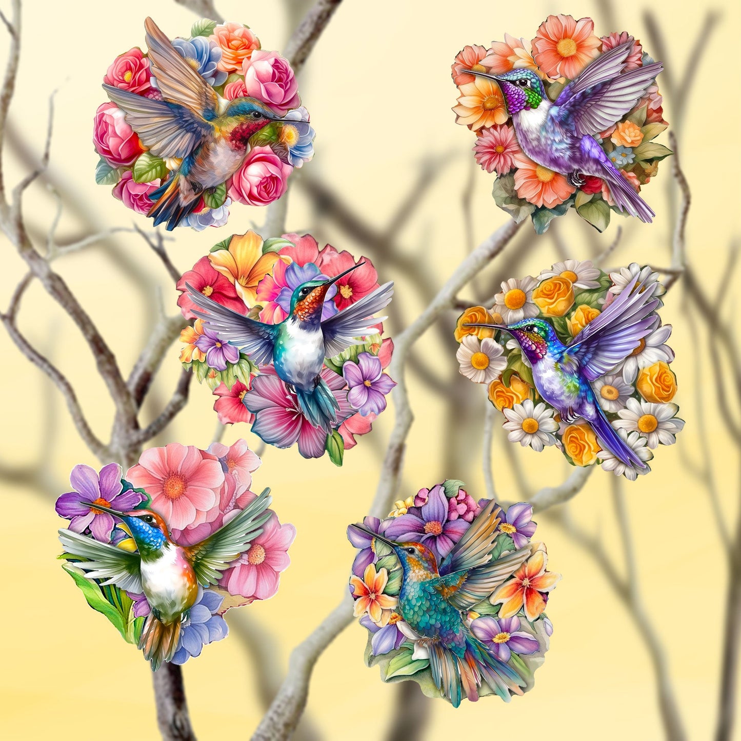 Hummingbirds Clip-On Eco Wood Decorative Ornaments Set of 6 by G. Debrekht - Easter Spring Decor - 8090140C-S6