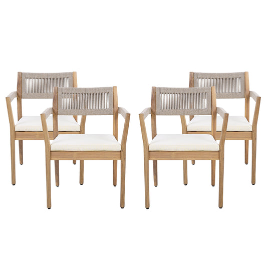 Braided Acacia Wood Outdoor Dining Chairs Set of 4 – Teak Look with Beige Rope & Cream Cushions