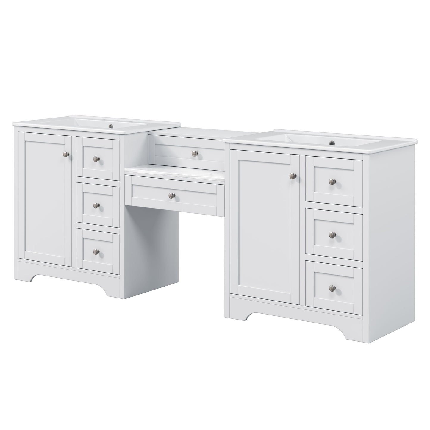 Double Sink Bathroom Vanity With Countertop, 2 Ceramic Sinks, 6 Drawers
