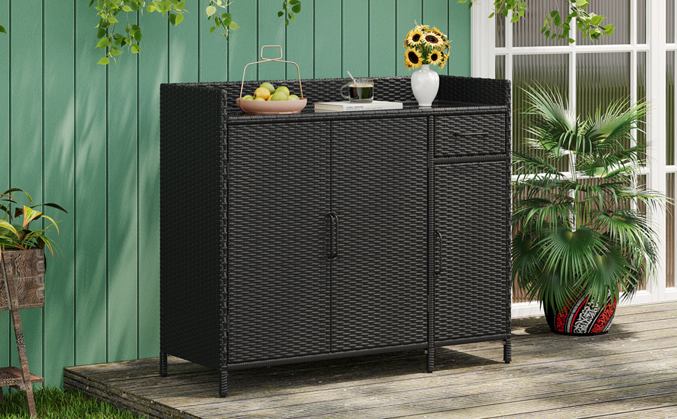 K&K 47.5"W Wicker Outdoor Storage Cabinet with Tempered Glass Top