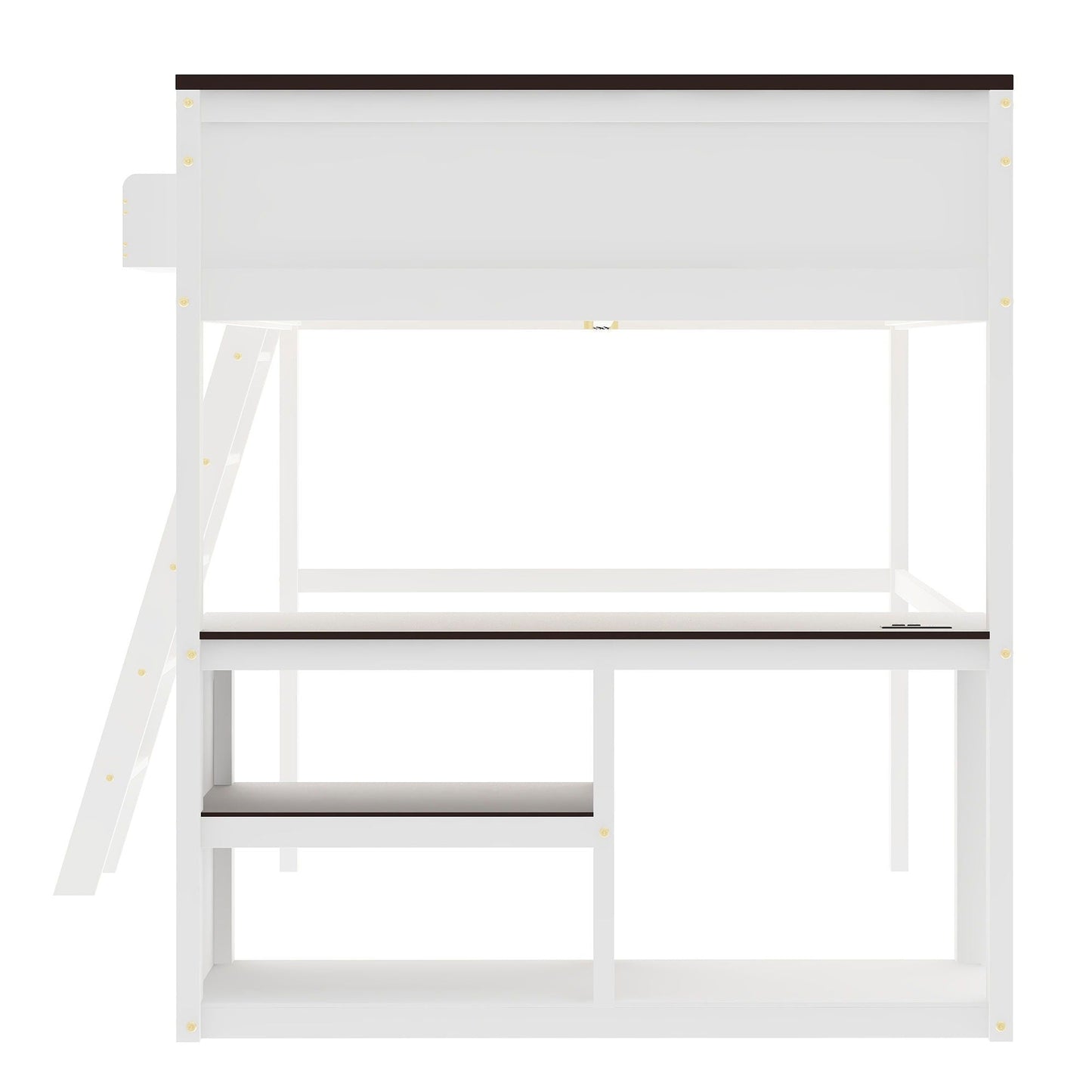 Queen Size Loft Bed With Desk, Open Shelf, Storage Box And USB Charging Station - White
