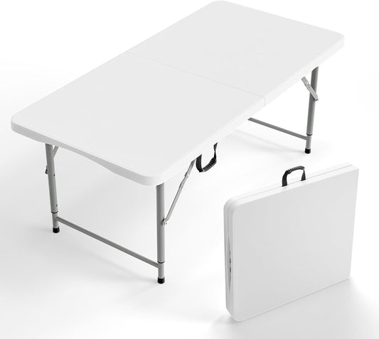 VINGLI 4 FT Plastic Folding Camping Table,3-Level Adjustable Height, Portable in/Outdoor Party Picnic Dining Desk, Garden Soccer Multipurpose Entertaining Activities，White