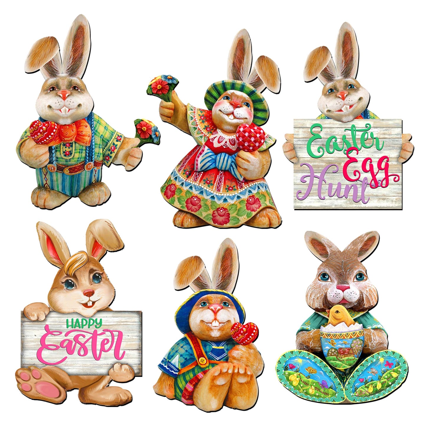 Easter Bunny Family Decorative Eco Wood Magnets Set of 6 by G. Debrekht - Easter Décor - 8090041G-S6
