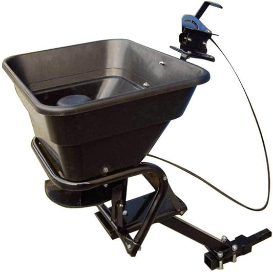 Field Tuff 12V 80 Pound Capacity Grass Seed Fertilizer Spreader with Hitch Mount Receiver and Rain Protector for ATV, UTV, or Utility Tractor
