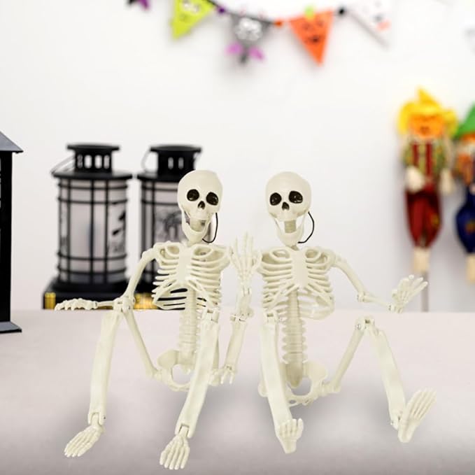 DINESIL 5 Packs Posable Halloween Skeleton, Full Body Halloween Skeleton with Movable Joints, 16" Hanging Spooky Skeletons for Halloween Haunted House Party Home Props Decorations