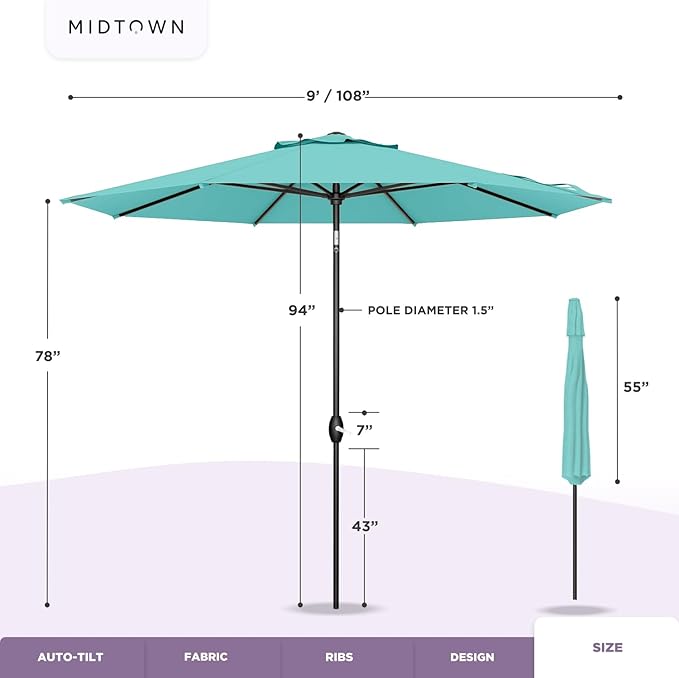 Midtown Umbrellas 10-Year-No-Fade - 9 Ft - UV Proof Purple Polyester Fabric - Umbrella Outdoor Patio, Auto-Tilt Aluminum Frame Patio Umbrella for Garden, Pool & Deck - Black Pole