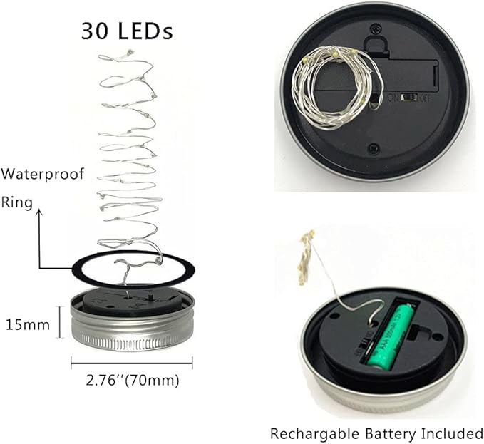 Decorman Solar Mason Jar Lights, 12 Pack 30 LED Fairy Star Firefly String Lids Lights with 12 Hangers for Patio Yard Garden Party Wedding Christmas Decoration(Jars Not Included) (12 Pack, Cool White)