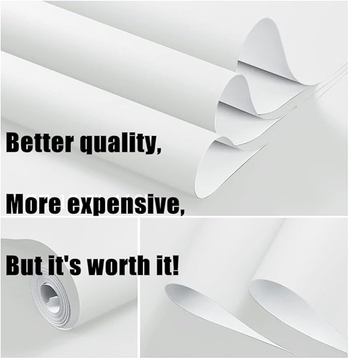 Dimoon 118''x23.6'' White Thicken Peel and Stick Wallpaper Contact Paper Modern Self Adhesive Wall Paper Removable Renter Friendly Textured Solid Color Shelf Vinyl Roll (118''x23.6'',White Thicken)