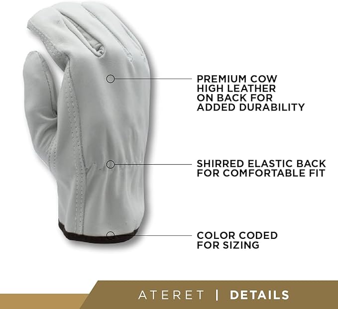 ATERET 12 Pairs Large Heavy Duty Durable Cowhide Leather Work Gloves I Driver Gloves for Truck Driving, Warehouse, Gardening, Farming