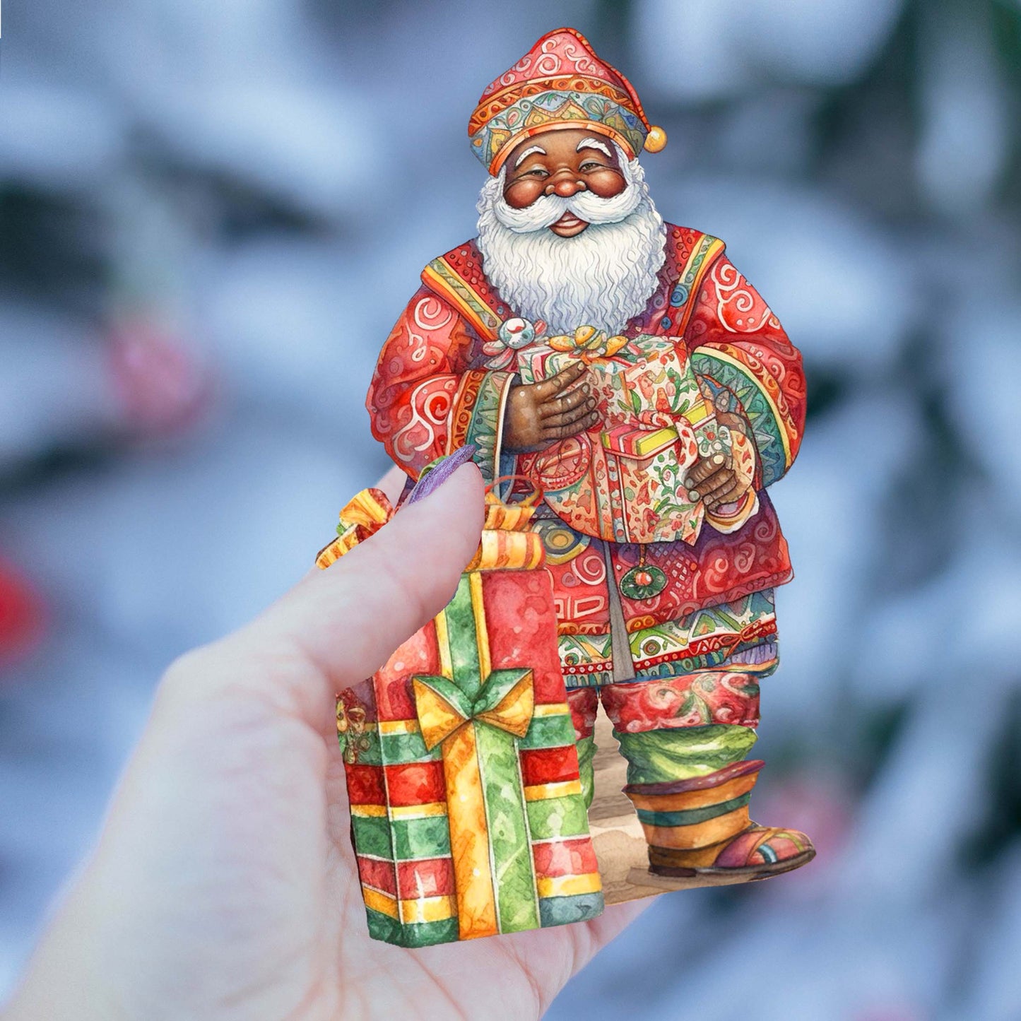 Santas Around the World - African-American Inspired Santa - Eco Wood Ornaments Set of 3 by G. DeBrekht Christmas Santa Snowman Decor - 8091310S3
